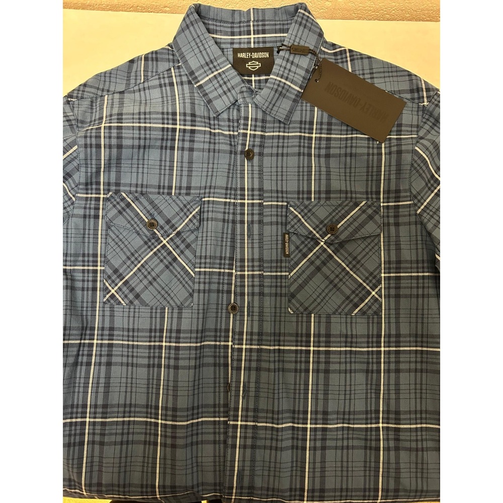 Harley Davidson Essence Shirt Mens Medium Blue Plaid‎ Woven Button Long Sleeve